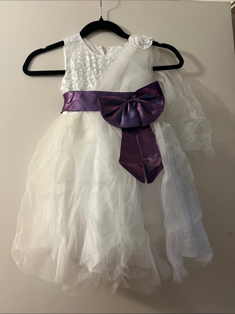 White Formal Flower Girl Dress with Purple Sash